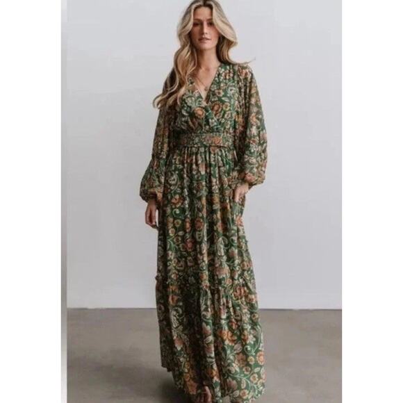 New Baltic Born Feminine Flowy Green Floral L/S Maxi Dress M Boho Smocked Waist - Picture 1 of 12